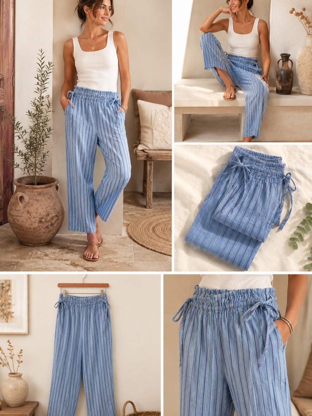 We The Free Blue Striped Wide-Leg Barrel Pull-On Pants, Size M, NWT
